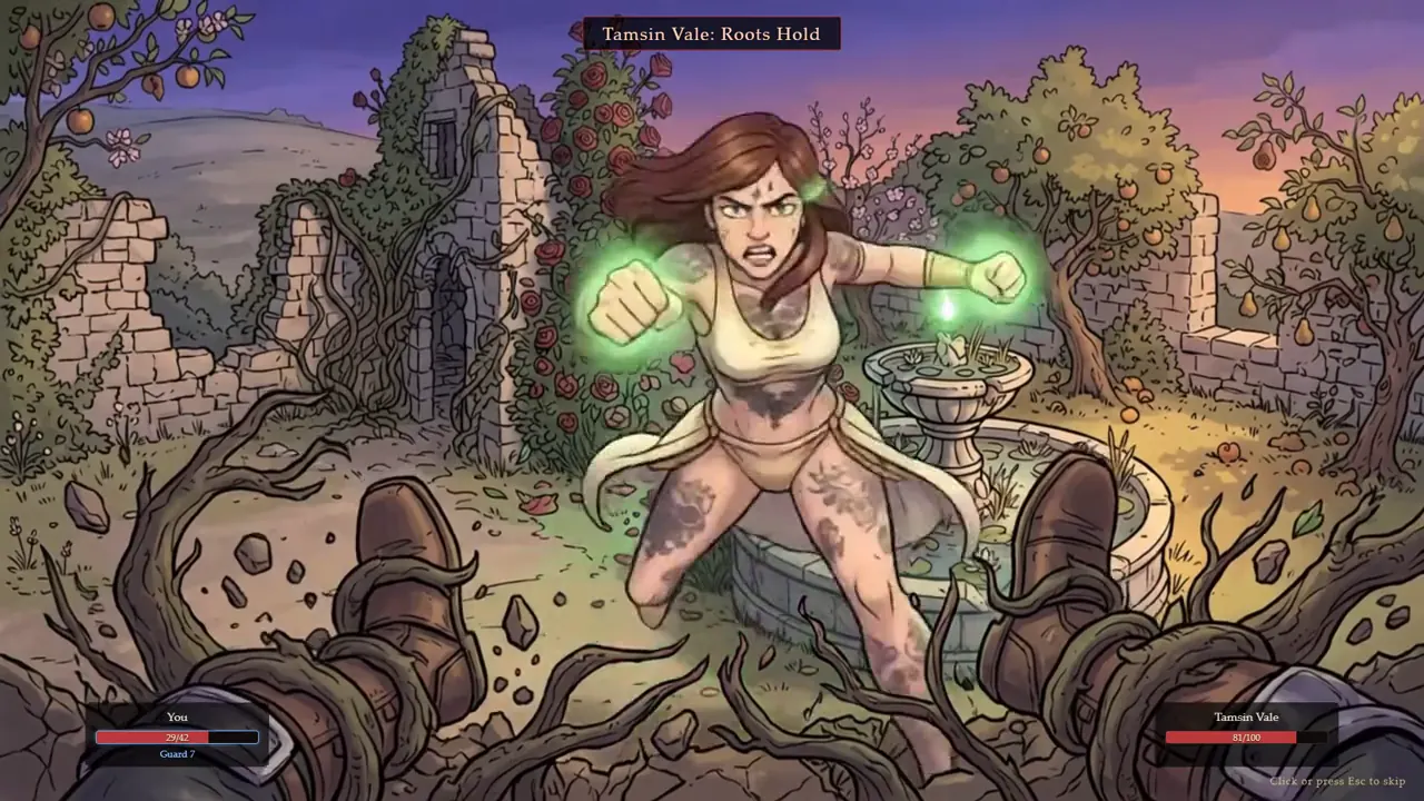 Tamsin, green light in her fists, facing you across a ruined garden in a fight.